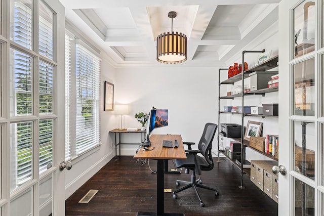 2809 Vaulx Ln, Nashville, TN 37204 - home office with french doors, coffered ceiling, dark wood-style floors, beamed ceiling, and crown molding