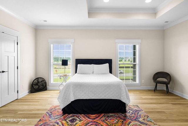 837 Majestic Mountains Blvd, Walland, TN 37886 - bedroom with a raised ceiling, multiple windows, light wood-style flooring, ornamental molding, and recessed lighting
