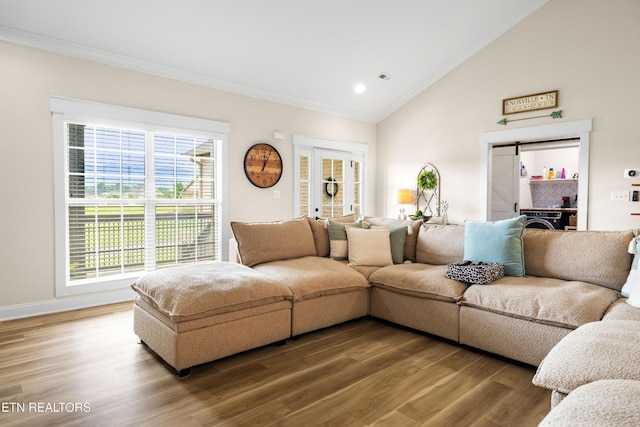 837 Majestic Mountains Blvd, Walland, TN 37886 - living area with crown molding, wood finished floors, lofted ceiling, recessed lighting, and baseboards