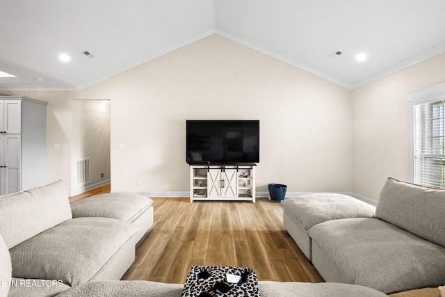 837 Majestic Mountains Blvd, Walland, TN 37886 - living room with light wood-style flooring, baseboards, ornamental molding, lofted ceiling, and recessed lighting