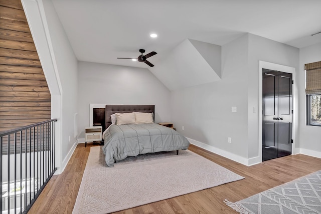 337 Lake Court Dr, Lynchburg, TN 37352 - bedroom with baseboards, wood finished floors, recessed lighting, vaulted ceiling, and ceiling fan