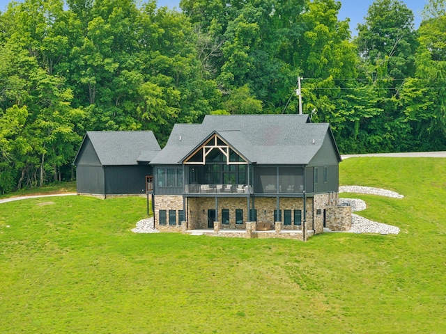 337 Lake Court Dr, Lynchburg, TN 37352 - rear view of property with stone siding and a yard