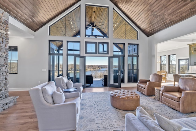 337 Lake Court Dr, Lynchburg, TN 37352 - living area with wood ceiling, high vaulted ceiling, baseboards, a ceiling fan, and a water view