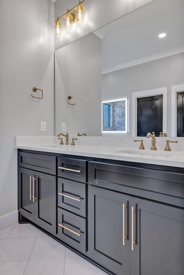 337 Lake Court Dr, Lynchburg, TN 37352 - bathroom with double vanity, marble look tile flooring, and baseboards