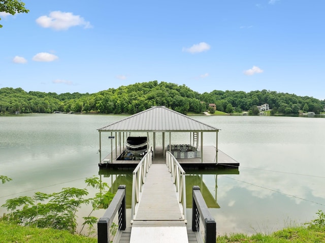 337 Lake Court Dr, Lynchburg, TN 37352 - dock area with boat lift, a water view, and a forest view