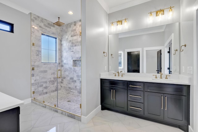 337 Lake Court Dr, Lynchburg, TN 37352 - full bath featuring double vanity, a stall shower, baseboards, and recessed lighting