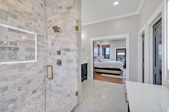337 Lake Court Dr, Lynchburg, TN 37352 - ensuite bathroom featuring a stall shower, ornamental molding, and marble finish flooring