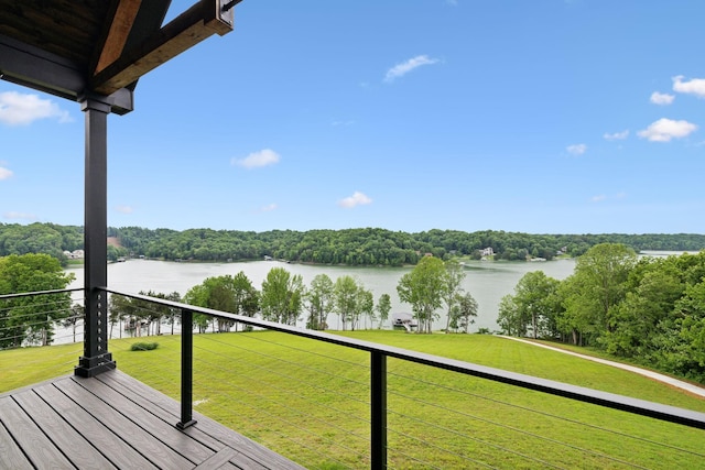 337 Lake Court Dr, Lynchburg, TN 37352 - wooden terrace with a water view, a lawn, and view of wooded area