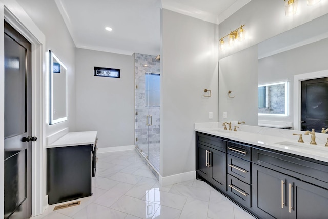 337 Lake Court Dr, Lynchburg, TN 37352 - full bathroom featuring double vanity, a shower stall, baseboards, marble finish flooring, and recessed lighting