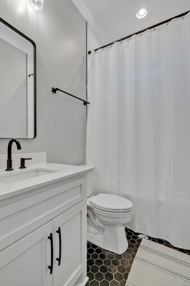 337 Lake Court Dr, Lynchburg, TN 37352 - bathroom with vanity, toilet, recessed lighting, tile patterned flooring, and a shower with shower curtain