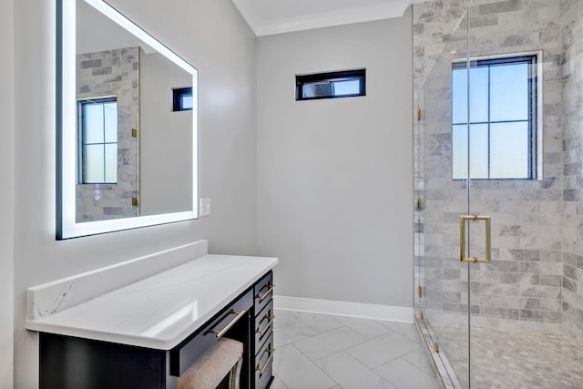 337 Lake Court Dr, Lynchburg, TN 37352 - full bath featuring a stall shower, vanity, marble finish flooring, and baseboards