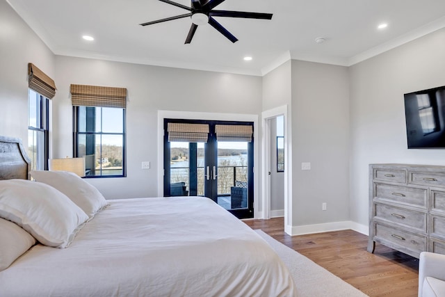 337 Lake Court Dr, Lynchburg, TN 37352 - bedroom with access to exterior, wood finished floors, baseboards, ornamental molding, and recessed lighting
