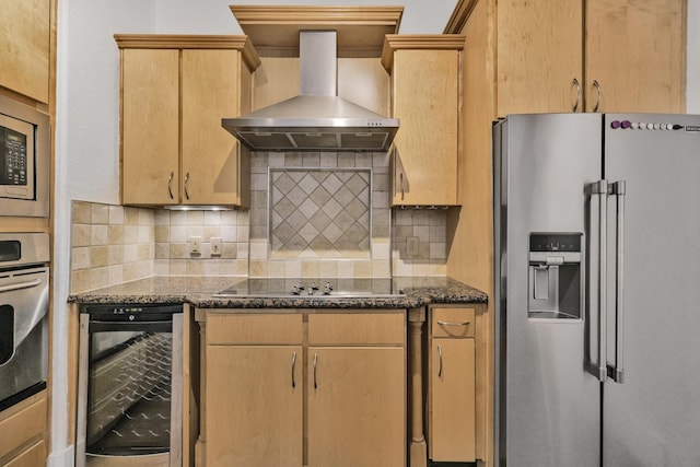 2600 Hillsboro Pike # 233, Nashville, TN 37212 - kitchen featuring stainless steel appliances, beverage cooler, wall chimney range hood, and backsplash