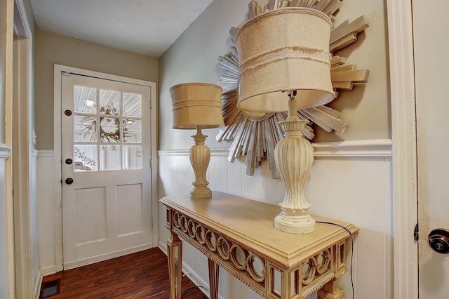 1611 Saltlick Pl, Murfreesboro, TN 37129 - doorway to outside with wainscoting, dark wood-style flooring, and a decorative wall