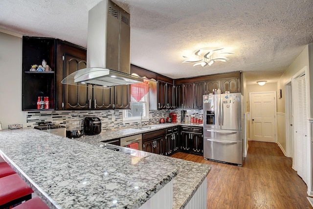 1611 Saltlick Pl, Murfreesboro, TN 37129 - kitchen with stainless steel appliances, island range hood, a textured ceiling, dark brown cabinets, and tasteful backsplash
