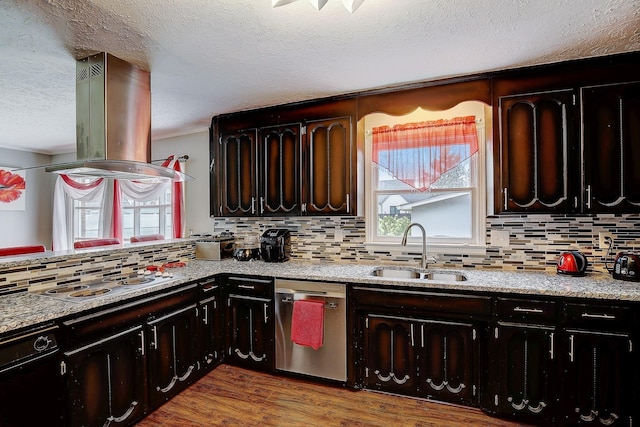 1611 Saltlick Pl, Murfreesboro, TN 37129 - kitchen with stainless steel dishwasher, a sink, electric cooktop, island range hood, and a textured ceiling