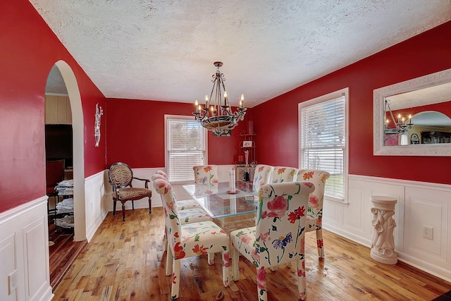 1611 Saltlick Pl, Murfreesboro, TN 37129 - dining area with a chandelier, wainscoting, a textured ceiling, hardwood / wood-style flooring, and arched walkways