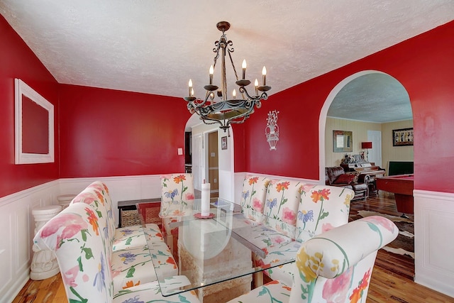 1611 Saltlick Pl, Murfreesboro, TN 37129 - living room with arched walkways, a textured ceiling, wood finished floors, a wainscoted wall, and a decorative wall