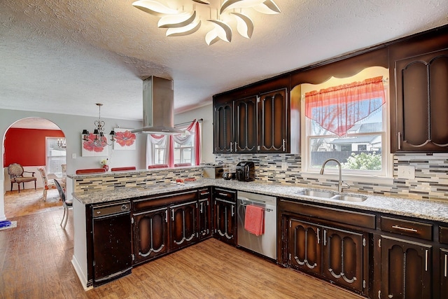 1611 Saltlick Pl, Murfreesboro, TN 37129 - kitchen featuring stainless steel dishwasher, a sink, a peninsula, island range hood, and a textured ceiling