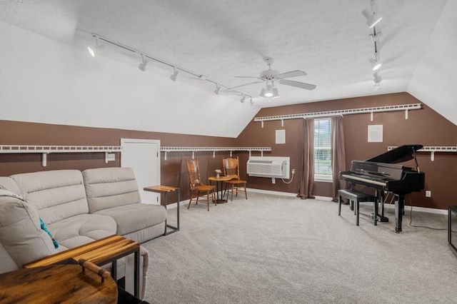 1243 Curtis Dr, Lebanon, TN 37087 - living area with track lighting, ceiling fan, lofted ceiling, baseboards, and carpet flooring