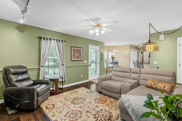 1243 Curtis Dr, Lebanon, TN 37087 - living room with dark wood-type flooring, ceiling fan, and baseboards