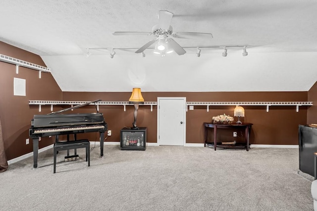 1243 Curtis Dr, Lebanon, TN 37087 - living area with track lighting, ceiling fan, carpet flooring, lofted ceiling, and baseboards