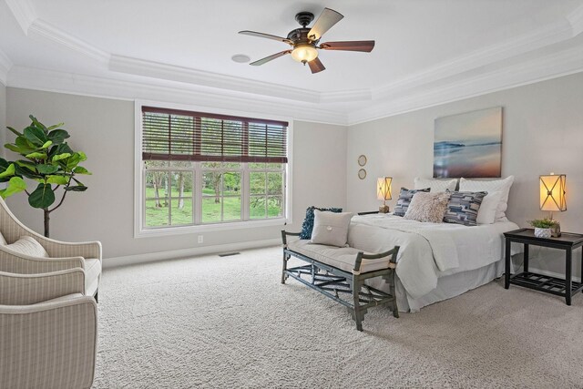 1005 Brittain Downs Dr, Nolensville, TN 37135 - bedroom featuring a raised ceiling, crown molding, carpet floors, and a ceiling fan