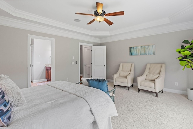 1005 Brittain Downs Dr, Nolensville, TN 37135 - bedroom featuring crown molding, a tray ceiling, carpet flooring, baseboards, and ceiling fan