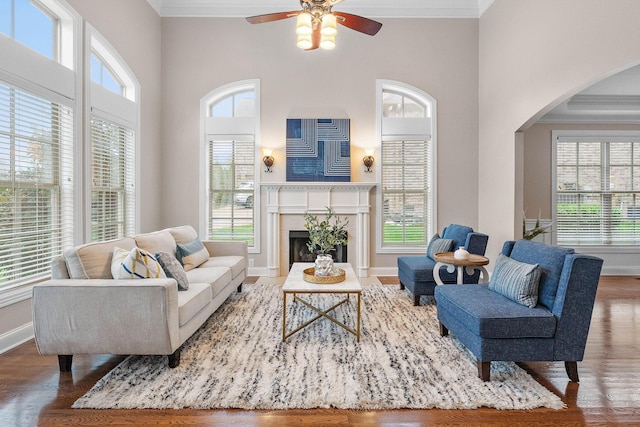 1005 Brittain Downs Dr, Nolensville, TN 37135 - living area with crown molding, arched walkways, wood finished floors, baseboards, and a ceiling fan