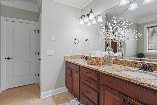1005 Brittain Downs Dr, Nolensville, TN 37135 - bathroom featuring double vanity, tile patterned flooring, baseboards, and crown molding