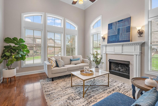 1005 Brittain Downs Dr, Nolensville, TN 37135 - living area featuring baseboards, ceiling fan, healthy amount of natural light, crown molding, and a high end fireplace