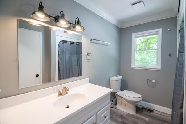 5538 Lexie Beans Creek Rd, Belvidere, TN 37306 - full bathroom featuring ornamental molding, vanity, wood finished floors, toilet, and a shower with curtain