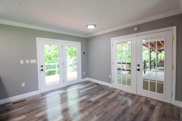5538 Lexie Beans Creek Rd, Belvidere, TN 37306 - doorway with french doors, crown molding, wood finished floors, and baseboards