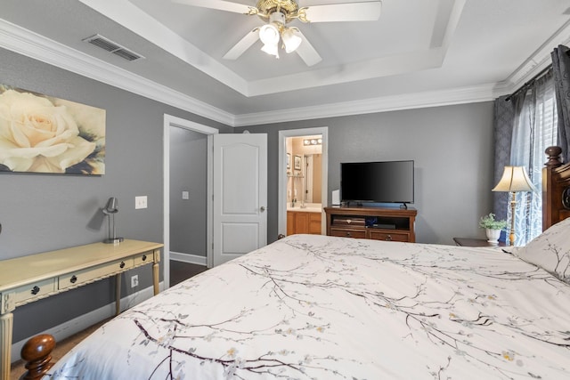 917 Lavergne Ln, La Vergne, TN 37086 - bedroom with a tray ceiling, ceiling fan, ensuite bathroom, and ornamental molding