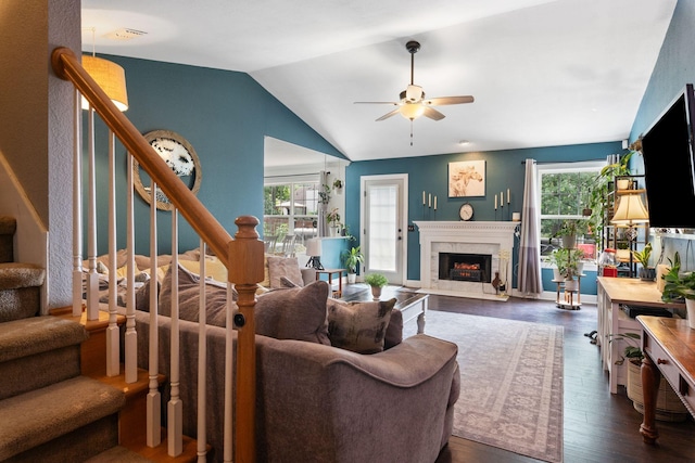 917 Lavergne Ln, La Vergne, TN 37086 - living room with a ceiling fan, stairway, lofted ceiling, dark wood-type flooring, and a premium fireplace