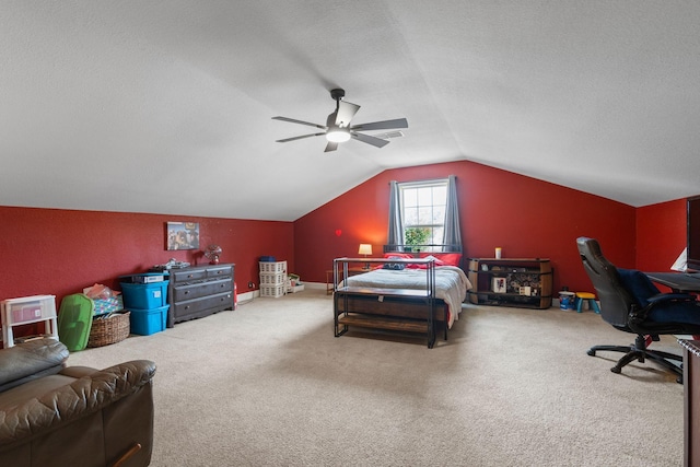 917 Lavergne Ln, La Vergne, TN 37086 - bedroom with a textured ceiling, carpet flooring, lofted ceiling, a ceiling fan, and an office area