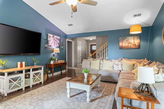 917 Lavergne Ln, La Vergne, TN 37086 - living room with lofted ceiling, ceiling fan, stairway, wood finished floors, and baseboards