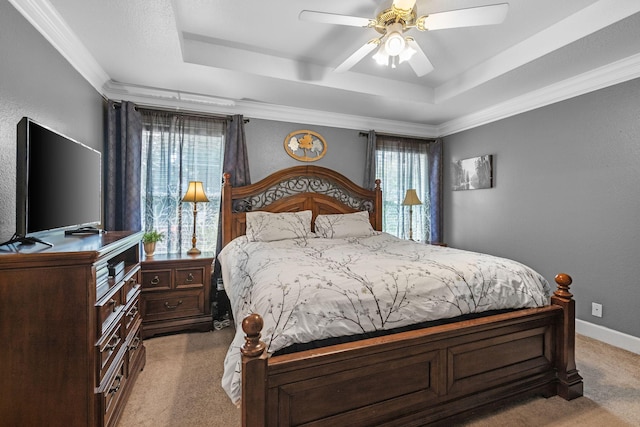 917 Lavergne Ln, La Vergne, TN 37086 - bedroom with light carpet, a tray ceiling, ornamental molding, and a ceiling fan