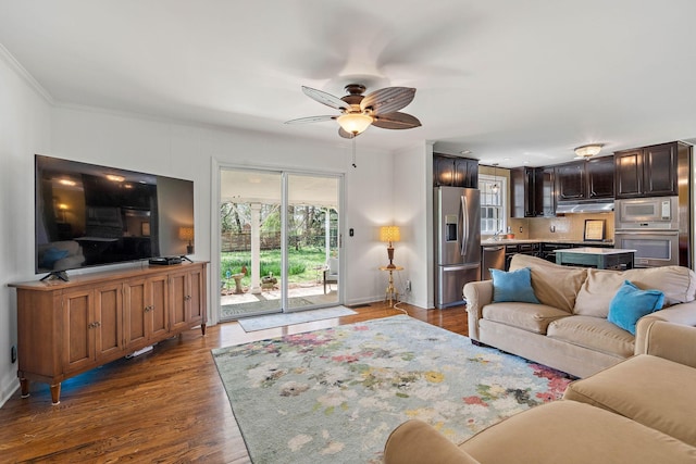 1899 Berrys Chapel Ct, Franklin, TN 37069 - living room featuring plenty of natural light, a ceiling fan, ornamental molding, and baseboards
