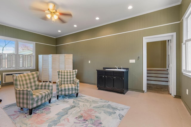 1899 Berrys Chapel Ct, Franklin, TN 37069 - sitting room featuring healthy amount of natural light, crown molding, a wall unit AC, ceiling fan, and recessed lighting