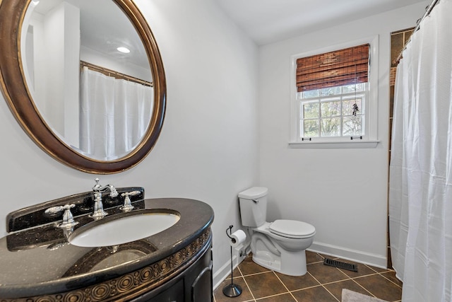 1899 Berrys Chapel Ct, Franklin, TN 37069 - full bath with toilet, tile patterned flooring, vanity, baseboards, and a shower with shower curtain