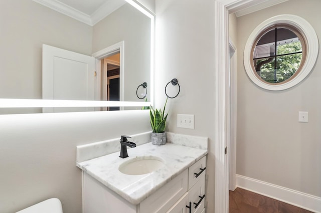 212 Lotus Ct, Hendersonville, TN 37075 - bathroom with vanity, crown molding, toilet, baseboards, and wood finished floors