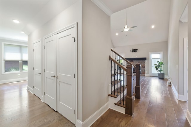 212 Lotus Ct, Hendersonville, TN 37075 - hall with wood finished floors, baseboards, stairs, recessed lighting, and vaulted ceiling