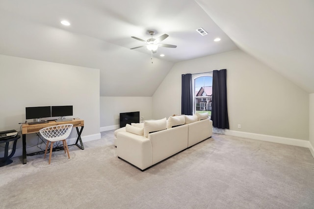 212 Lotus Ct, Hendersonville, TN 37075 - living area featuring a ceiling fan, lofted ceiling, baseboards, an office area, and light colored carpet