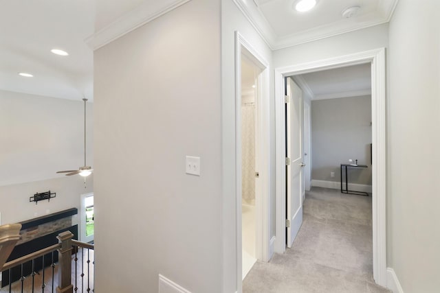 212 Lotus Ct, Hendersonville, TN 37075 - hallway with crown molding, light carpet, baseboards, and an upstairs landing