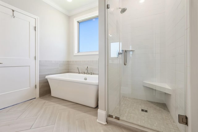 212 Lotus Ct, Hendersonville, TN 37075 - bathroom with ornamental molding, a stall shower, and a freestanding tub
