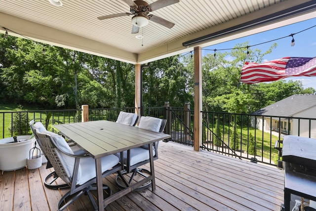 212 Lotus Ct, Hendersonville, TN 37075 - deck with ceiling fan, outdoor dining area, view of wooded area, and a grill