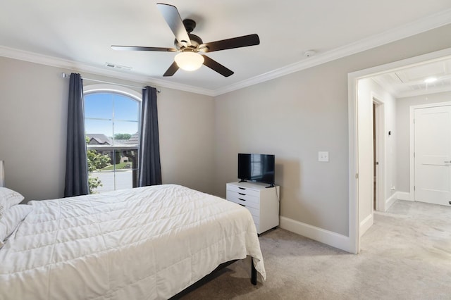 212 Lotus Ct, Hendersonville, TN 37075 - bedroom with crown molding, attic access, baseboards, light colored carpet, and a ceiling fan