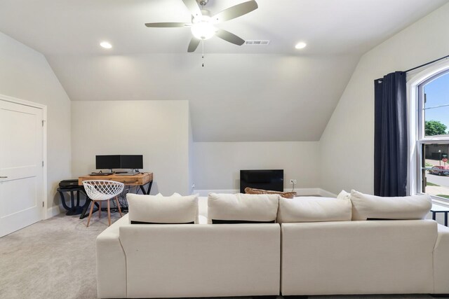 212 Lotus Ct, Hendersonville, TN 37075 - living room featuring lofted ceiling, an office area, ceiling fan, light carpet, and baseboards