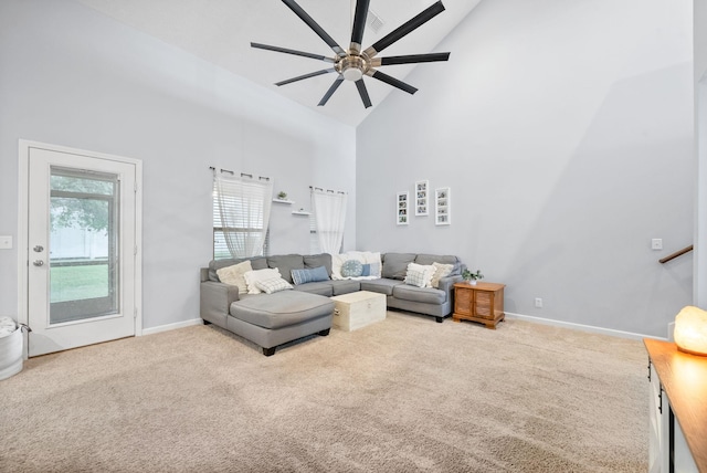 4115 Giacomo Dr, Murfreesboro, TN 37128 - living room with high vaulted ceiling, a ceiling fan, carpet floors, and baseboards
